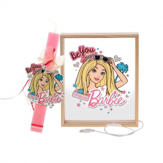 Πασχαλινό Σετ Δώρου Barbie: Αρωματική Λαμπάδα & Ξύλινο Φωτιστικό Κάδρο LED ΠΛΦ-2660
