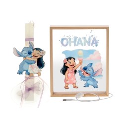 Πασχαλινό Σετ Δώρου Lilo & Stitch: Αρωματική Λαμπάδα & Ξύλινο Φωτιστικό Κάδρο LED 