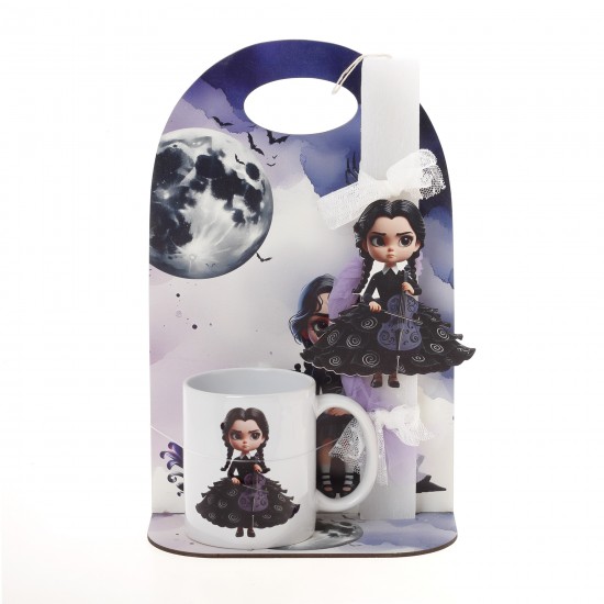 Πασχαλινό Σετ Δώρου Wednesday: Αρωματική Λαμπάδα, Κούπα & Ξύλινη Βάση 