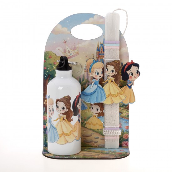 Πασχαλινό Σετ Δώρου Princesses: Αρωματική Λαμπάδα, Παγούρι & Ξύλινη Βάση 