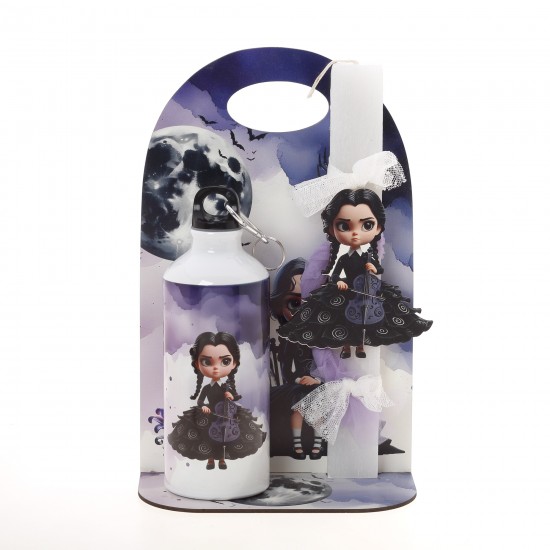 Πασχαλινό Σετ Δώρου Wednesday: Αρωματική Λαμπάδα, Παγούρι & Ξύλινη Βάση ΠΛ-2672