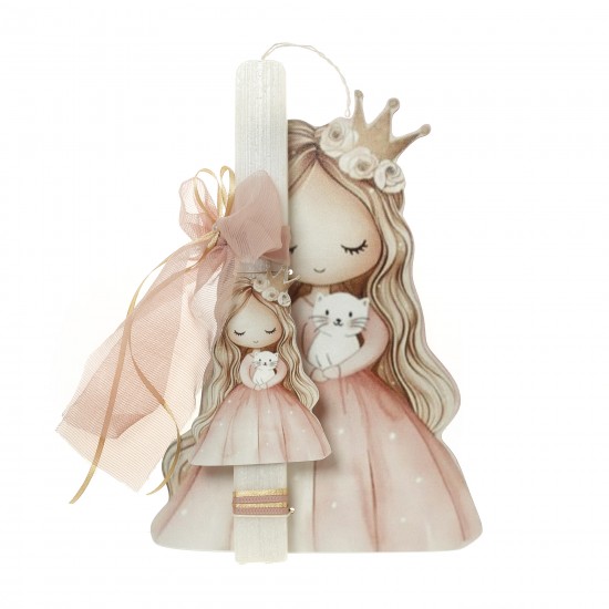 Πασχαλινή Λαμπάδα "Sweet Princess & Kitten" με Ξύλινο Διακοσμητικό Τοίχου ΠΛ-26113 